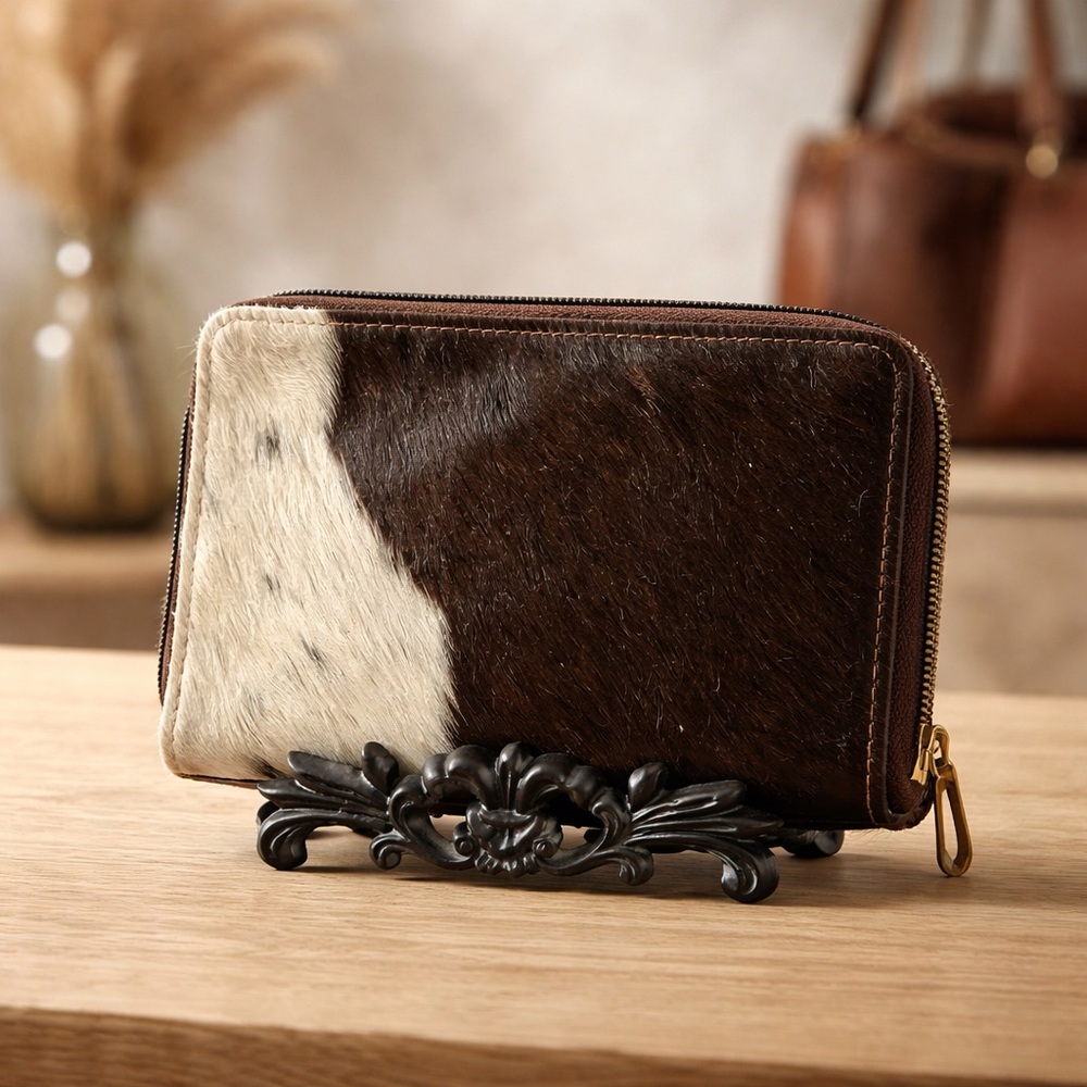 Amazing Hide-on Rustic Leather Zip around Wallet New Card Holder Black White - Picture 2 of 7